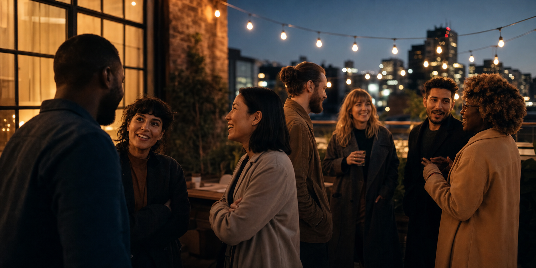 Adults connecting at an evening creative community gathering.